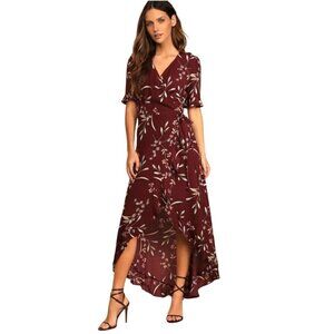 Lulus Wild Winds Burgundy Floral Print High Low Wrap Dress Size S